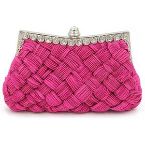 Elegant Braided Pleated Glitter Rhinestone Clutch Dark Pink